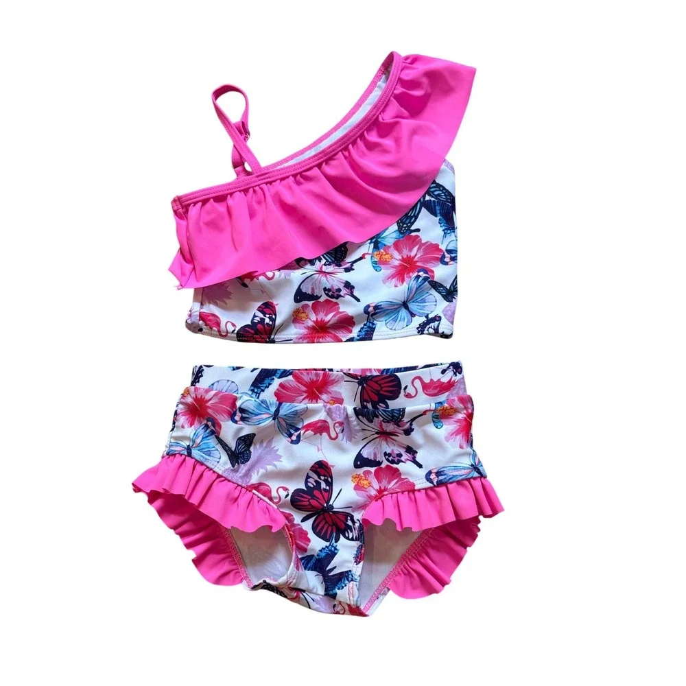 Two Piece Swimsuit Kids Pink Tropical Butterfly Ruffle SIZE 3Y‎